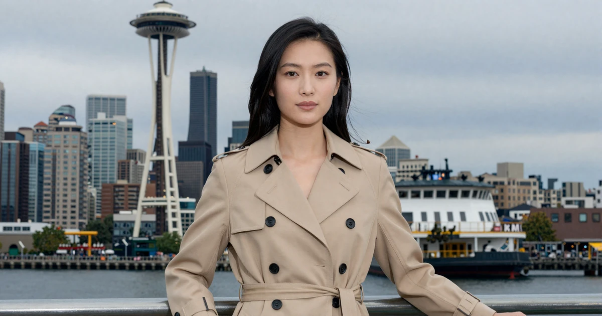 Elegant woman in a trench coat on a Seattle ferry with the downtown skyline behind her