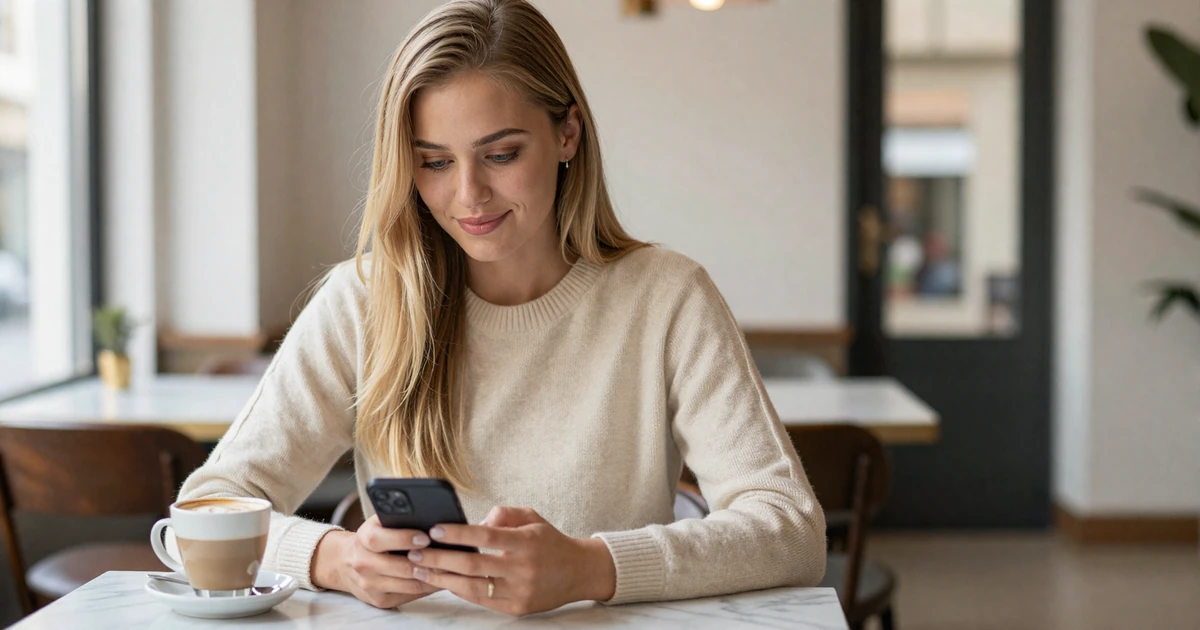 Attractive woman in a cream sweater typing on her phone at a marble cafe table with a latte, representing how to message sugar daddies