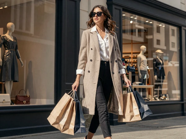 Stylish woman shopping in a Columbus boutique district on a luxury sugar dating outing