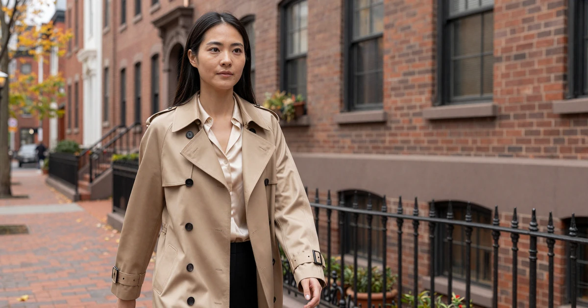 Attractive woman in a trench coat walking through Back Bay Boston for sugar baby dating