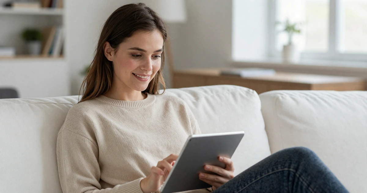 Woman smiling while using a tablet on a modern couch, illustrating how the sugar dating platform works