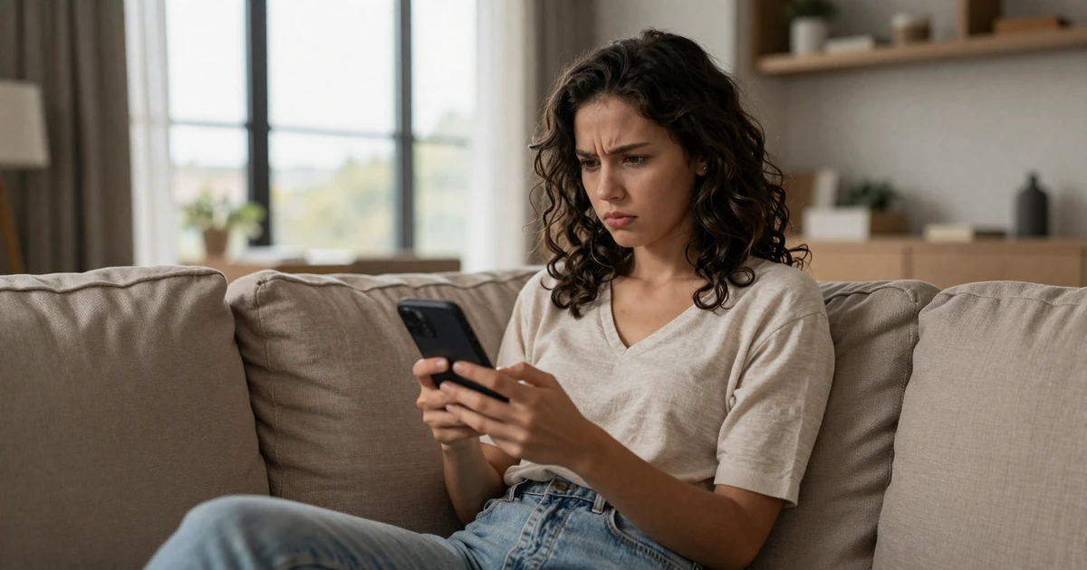 Young woman scrolling on her phone with a frustrated expression in a modern apartment, illustrating sugar dating myths on social media