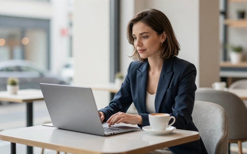 Woman in a navy blazer calmly reviewing her laptop at a bright cafe, representing careful verification in online sugar dating