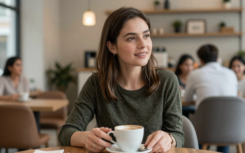 Woman having an honest conversation over coffee in an upscale cafe, representing real sugar dating dynamics