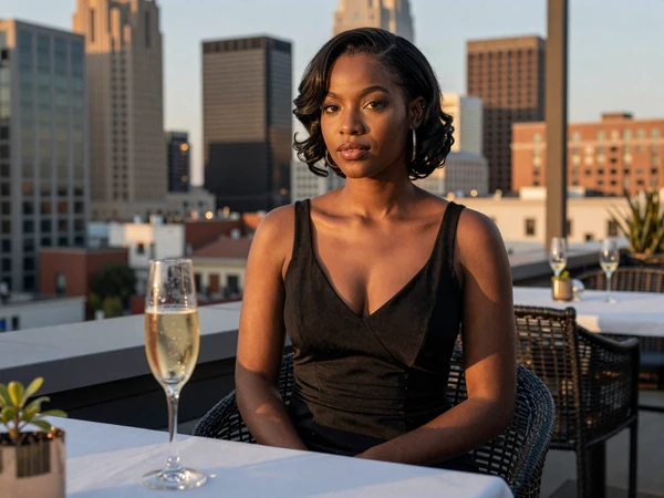 Elegant woman at a rooftop restaurant with Atlanta skyline for a premium sugar dating date