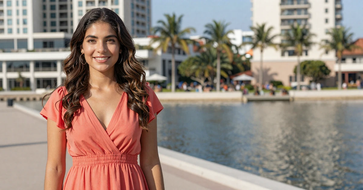 Attractive young woman in a coral dress smiling at Lake Nona waterfront in Orlando for sugar baby dating