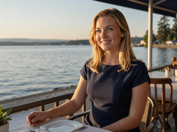 Elegant woman at a lakeside restaurant overlooking Lake Washington at sunset