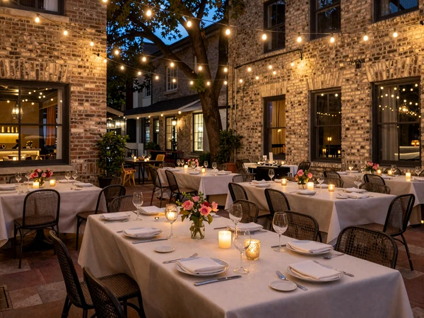 Upscale outdoor dining table at San Antonio's Pearl District with string lights overhead