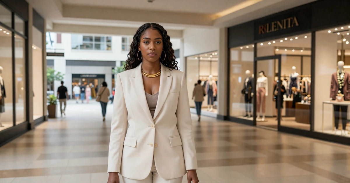 Attractive Black woman in a chic blazer at an upscale Atlanta luxury mall for sugar baby dating
