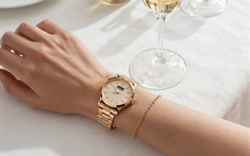 Close-up of a woman's wrist wearing a gold luxury watch beside a champagne glass on a linen tablecloth, symbolizing the lifestyle of age gap dating