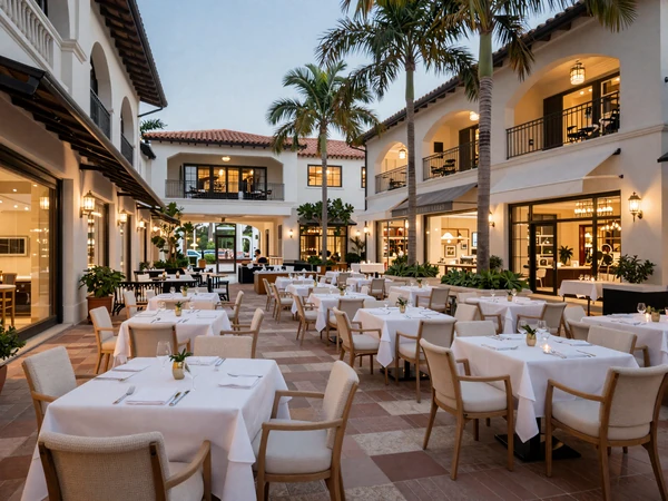 Elegant outdoor dining patio at Bal Harbour Shops for a luxury cougar dating dinner