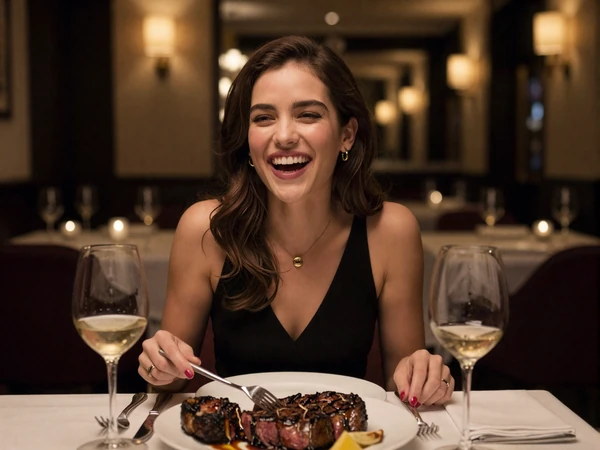 Woman laughing at a premium Chicago steakhouse during a sugar dating dinner