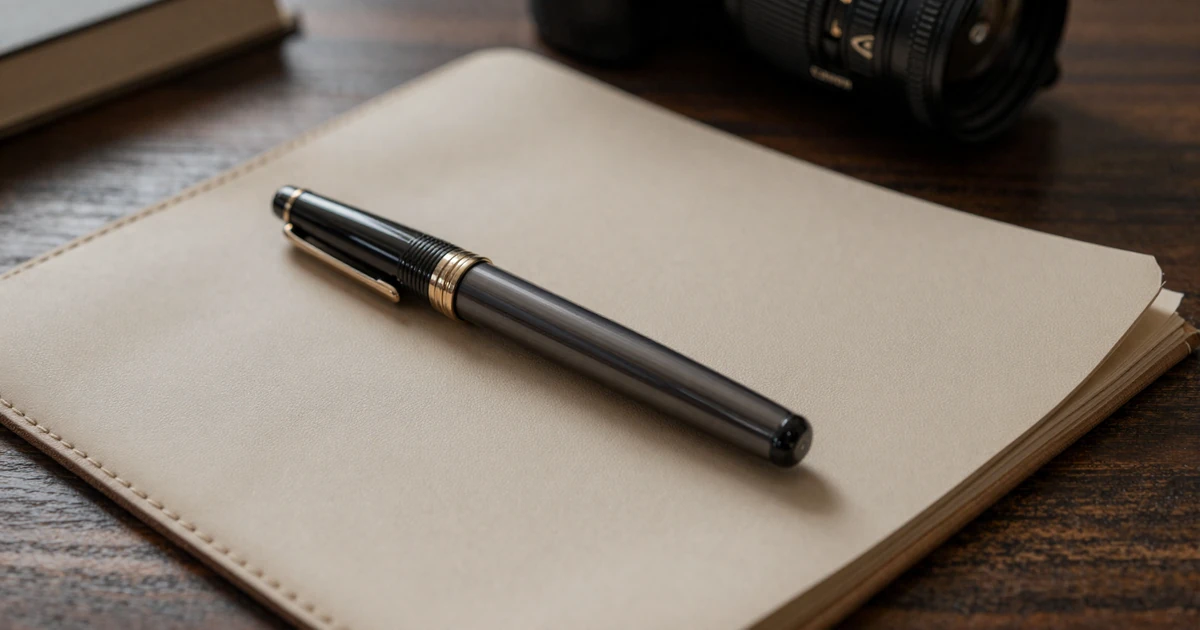 Fountain pen on a leather-bound document symbolizing terms and conditions on a secure online dating site