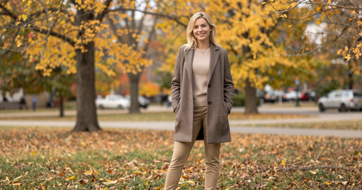 Attractive blonde woman in a chic autumn outfit at a Columbus Ohio park on a premium sugar dating site