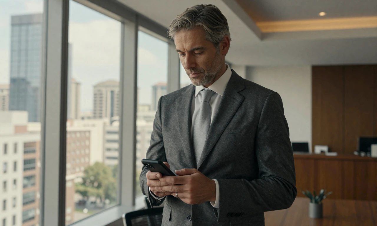 Successful man in a tailored suit reviewing his phone in a luxury office overlooking the city skyline