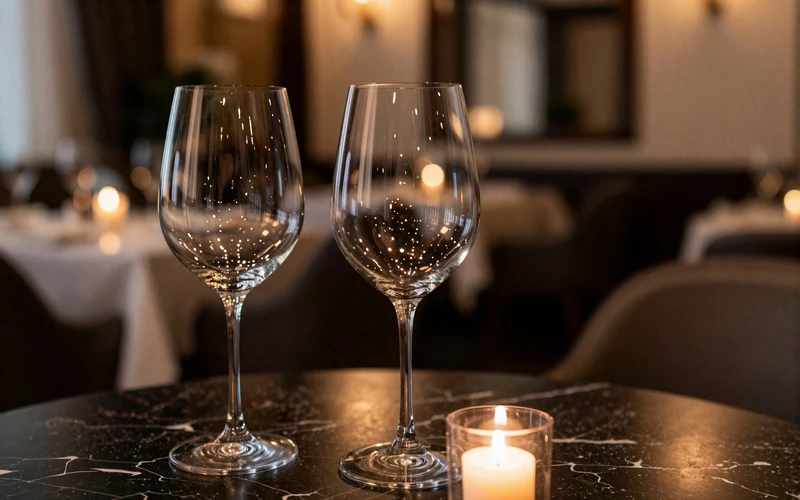 Two wine glasses on a marble table in an upscale restaurant with warm candlelight, symbolizing the emotional complexity of transactional relationships
