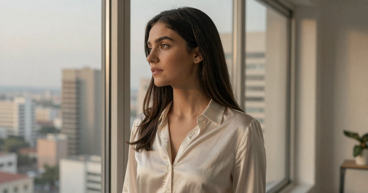 Thoughtful woman in a cream silk blouse gazing out a luxury high-rise window, reflecting on the emotional dynamics of a sugar relationship