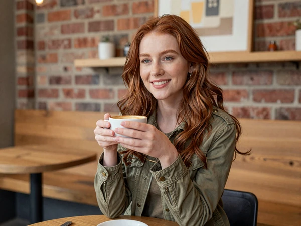 Stylish woman enjoying a coffee in a high-end Seattle coffee bar with brick and wood interiors