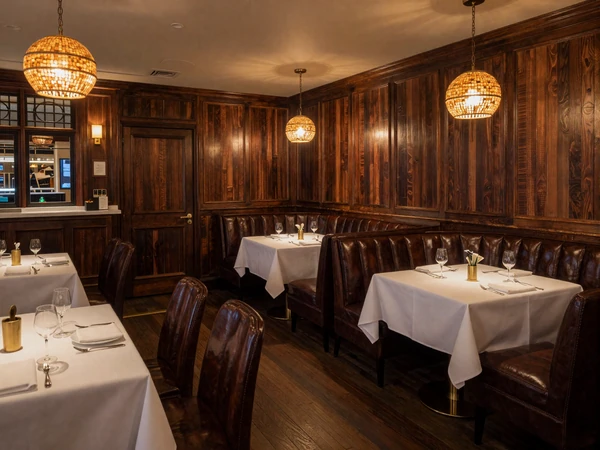 Classic upscale Indianapolis steakhouse interior with dark wood and leather seating for sugar daddy dates