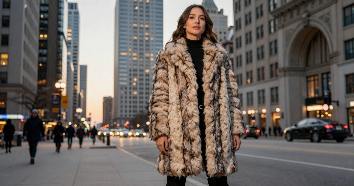 Elegant brunette woman in a fur coat on the Chicago Magnificent Mile at dusk