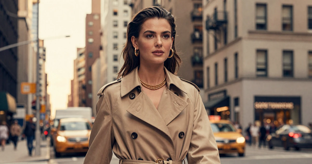 Elegant woman in a trench coat crossing a Manhattan street at golden hour for sugar daddy dating in New York
