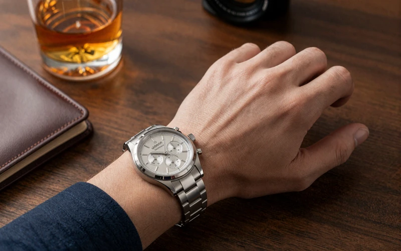 Luxury silver chronograph watch on a man's wrist resting on a walnut desk, symbolizing the time efficiency mindset of successful men