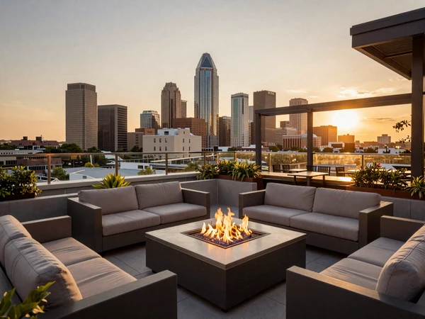 Rooftop lounge bar in Dallas with city skyline views at sunset