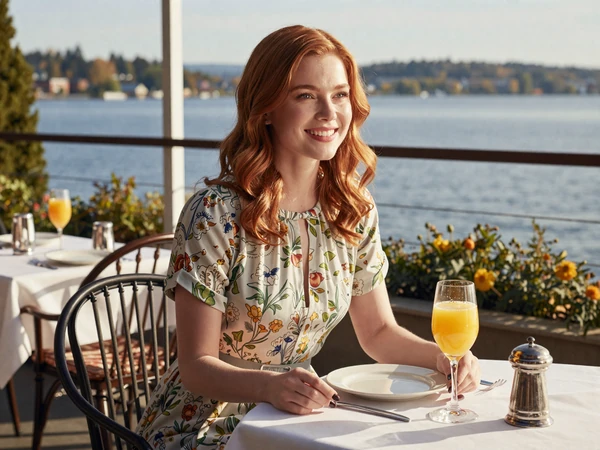 Woman enjoying a lakeside brunch at a Madison Park restaurant in Seattle
