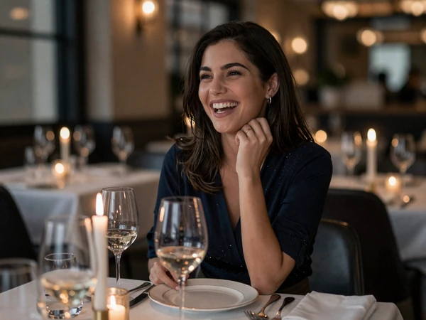 Woman laughing at a fine dining table in an upscale Houston restaurant for sugar dating