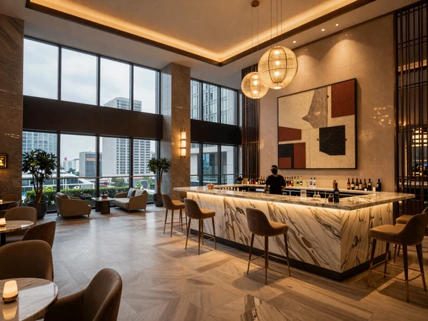Luxury hotel lobby bar in Boston with modern art and ambient lighting for premium sugar dating