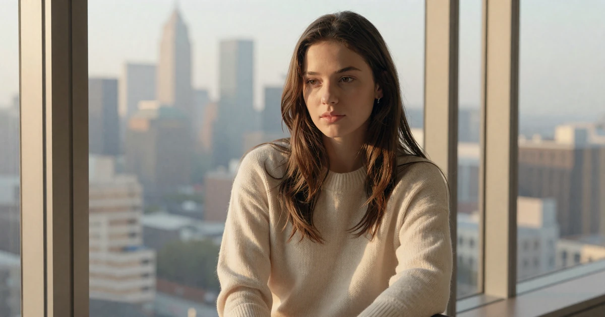 Attractive young woman in a cashmere sweater by a city skyline window on a sugar baby dating site