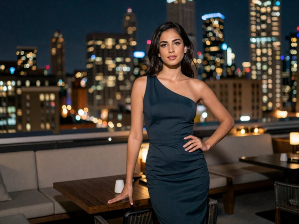 Woman on a rooftop lounge overlooking Chicago at night
