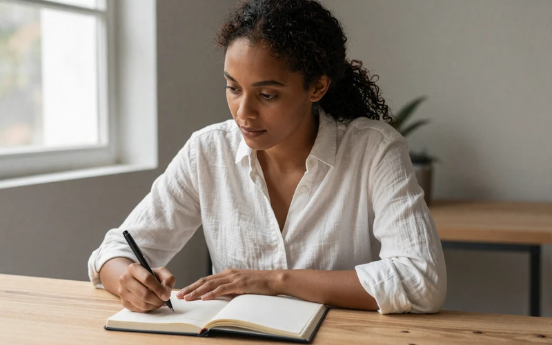 Woman writing in a journal at a minimalist desk with soft natural light, representing intentional communication in sugar dating