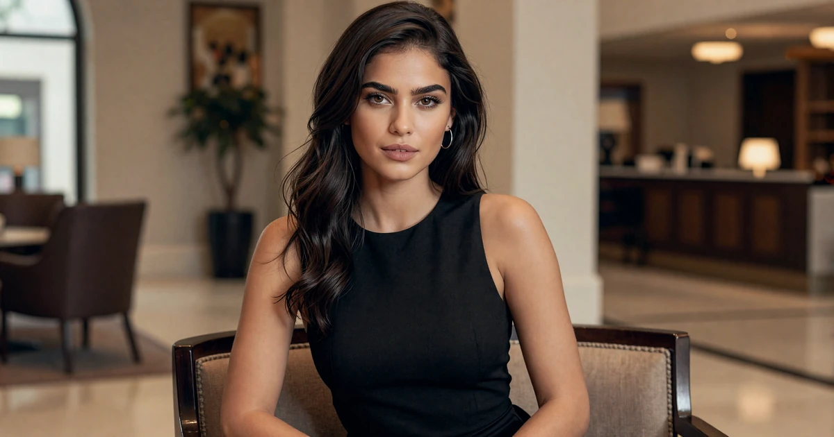 Elegant confident woman in a luxury hotel lobby on a premium sugar dating site