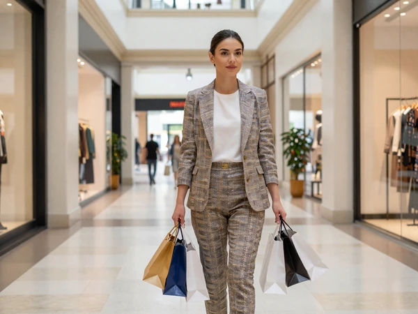Woman carrying luxury shopping bags at an upscale Atlanta mall for a sugar baby date
