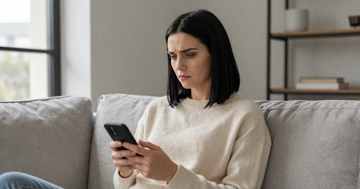 Young woman looking concerned at her phone screen while sitting on a modern sofa in a minimalist living room with natural daylight