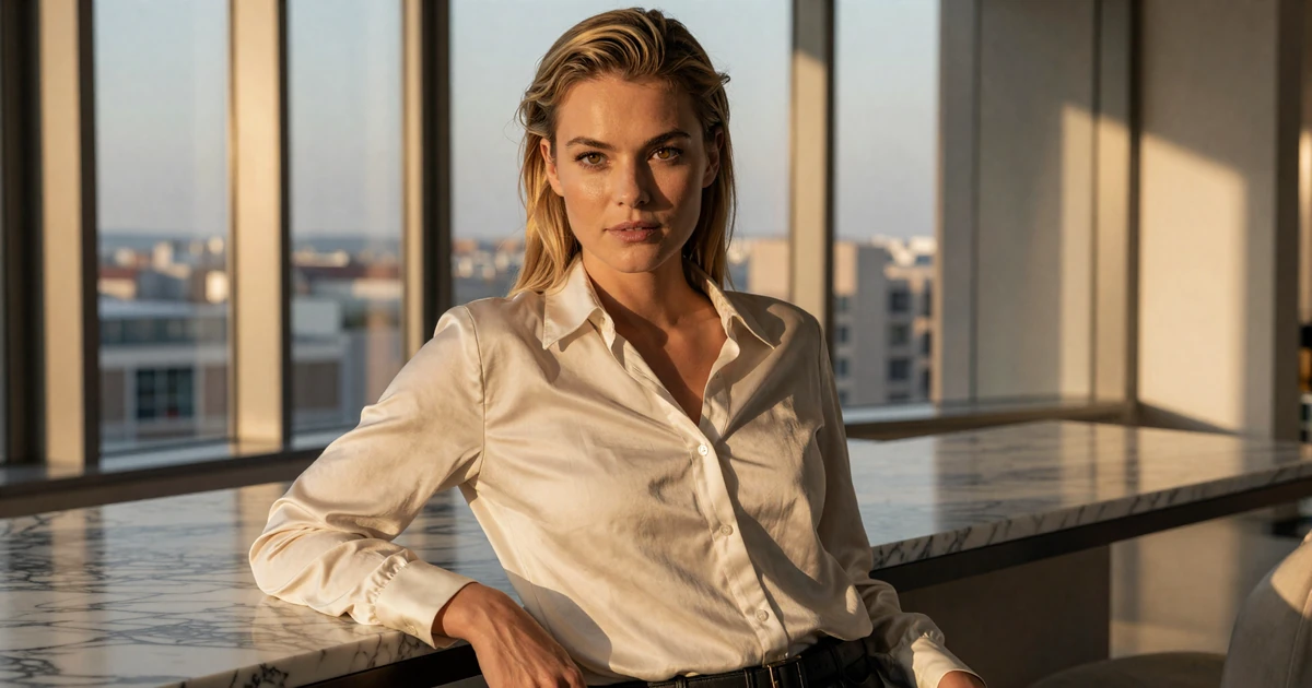 Elegant blonde woman in a silk blouse at a luxury penthouse on a sugar daddy dating site