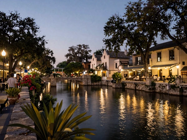 San Antonio River Walk at night with twinkling lights reflecting on the water