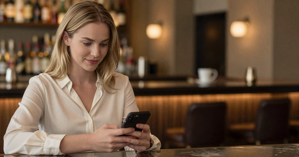 Calm woman checking her phone with a confident expression at an upscale hotel bar, illustrating low-stress sugar dating communication