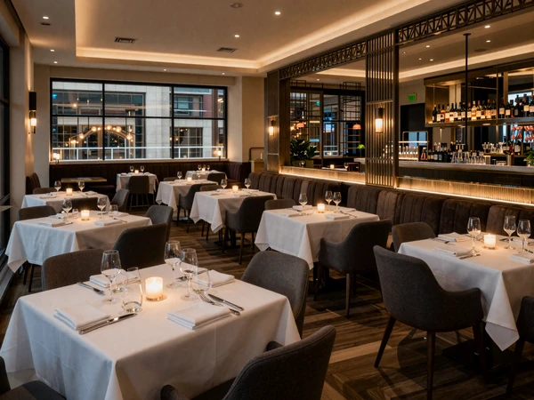 Upscale steakhouse interior in Dallas Uptown with elegant table settings