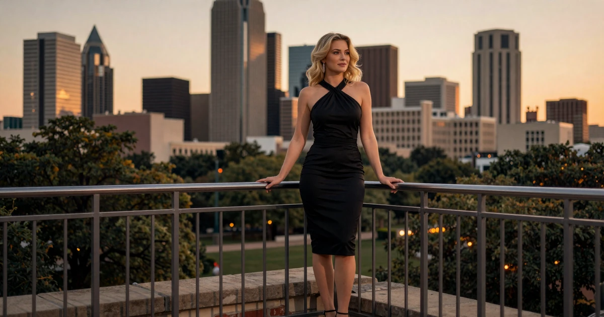 Elegant woman on a Highland Park balcony at dusk in Dallas for sugar daddy dating