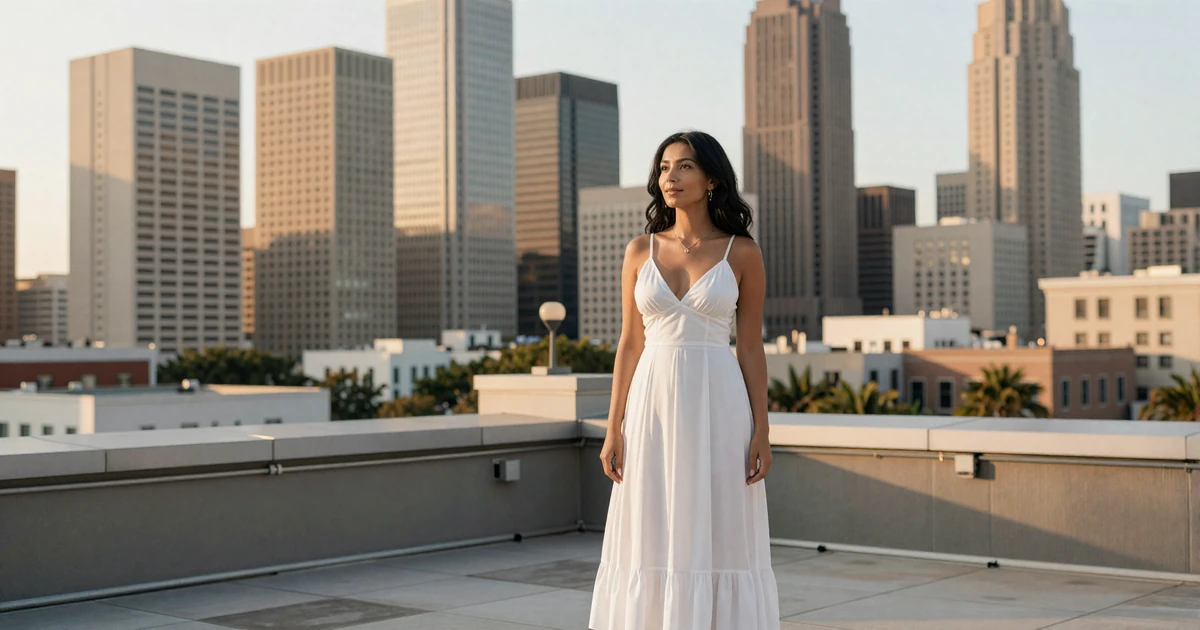 Elegant woman in a white dress on a Houston rooftop with downtown skyline for sugar baby Houston dating