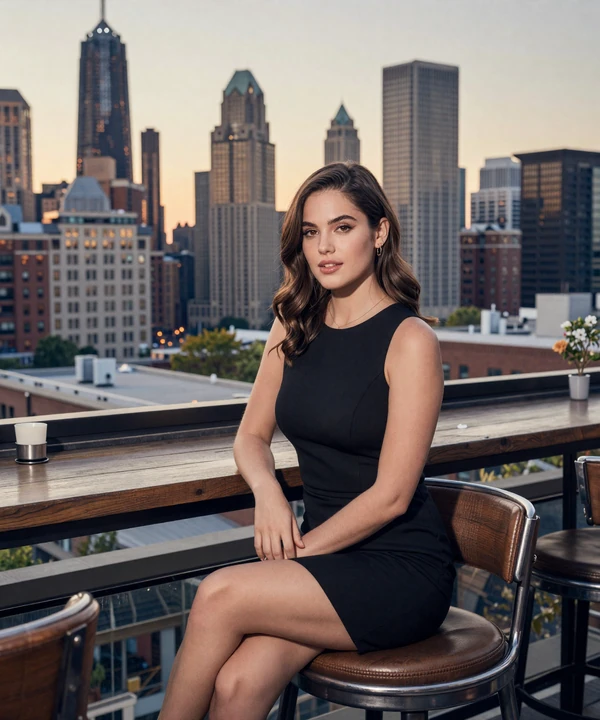 Attractive brunette woman in a black dress at a Chicago rooftop bar for sugar baby dating