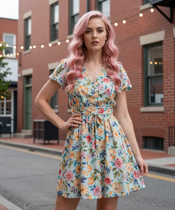 Attractive young woman with pink hair in Portland's Pearl District on a sugar dating site